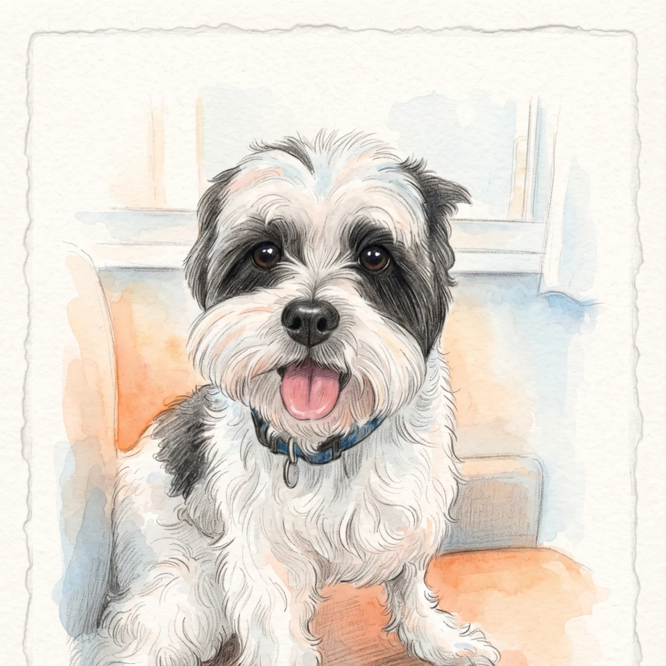 Watercolor portrait of Linus, a small black and white terrier smiling